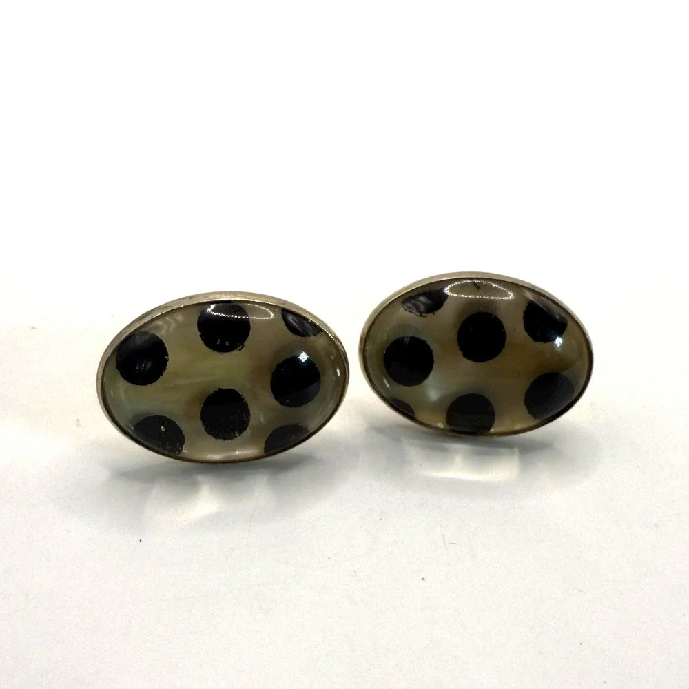 Vintage Gold Tone Black Polka Dot‎ Oval Cufflinks – Mid Century Modern Retro